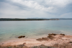 Looking across the bay of Santa Manza in southern Corsica in early evening.