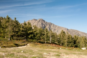 View looking up the trail into rugged mountains, facing south towards the route of the GR20 walking route.